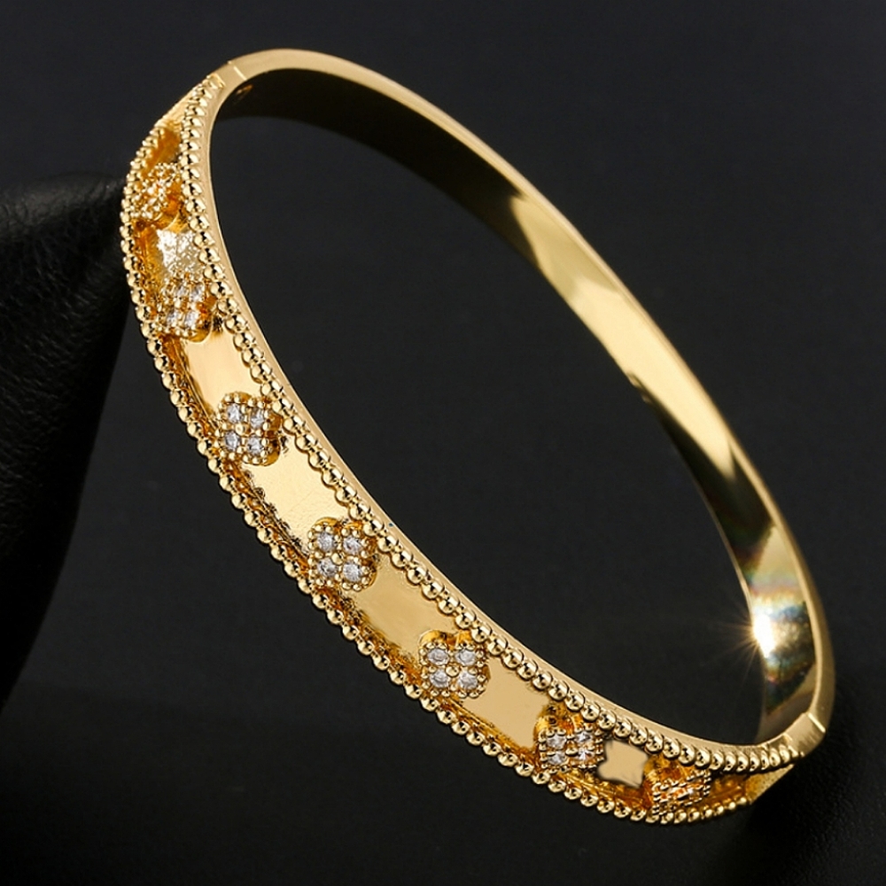 Gold Plated Clover Zircon Bangle Bracelet